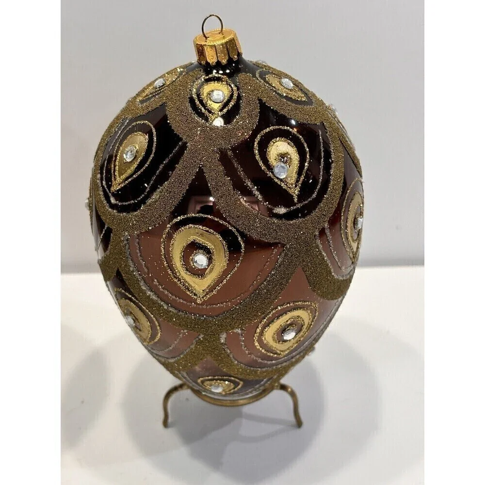 Vintage Hand Blown & Painted Glass Egg Christmas Ornament Diamond Glitter Set 2
